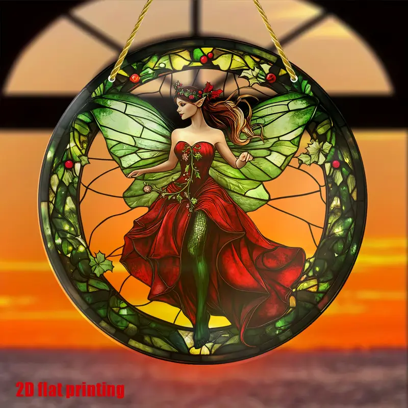 Christmas Fairy Suncatcher - 8x8in Acrylic Round Garland, Holiday Window Hanging For Porch, Garden & Home - Festive Gift For Women_voghion.com