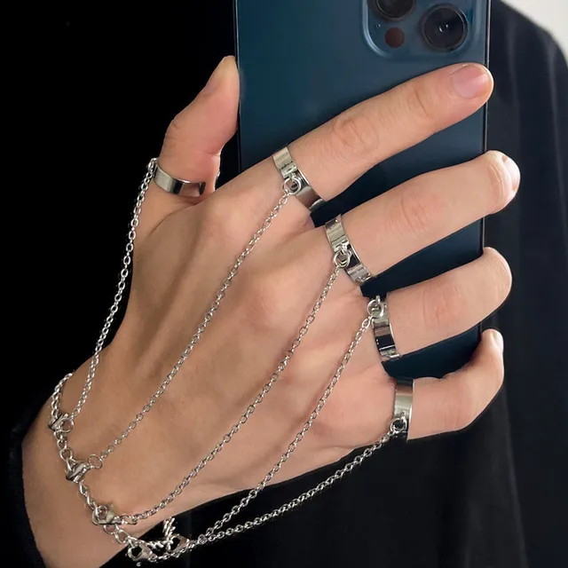 Prêt Stock Modyle Punk Géométrique Argent Couleur Poignet Pour Femmes Hommes Charme Hip Hop Chaîne Anneaux Ouverts Ensemble Couple Bijoux De Mode_voghion.com