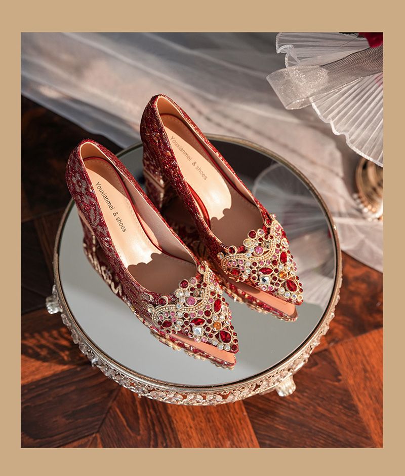 6555F-007 Dia Pointed Thick Women's High Heels Sequin Dress Red Wedding Bridal Single Shoes Goddess_voghion.com