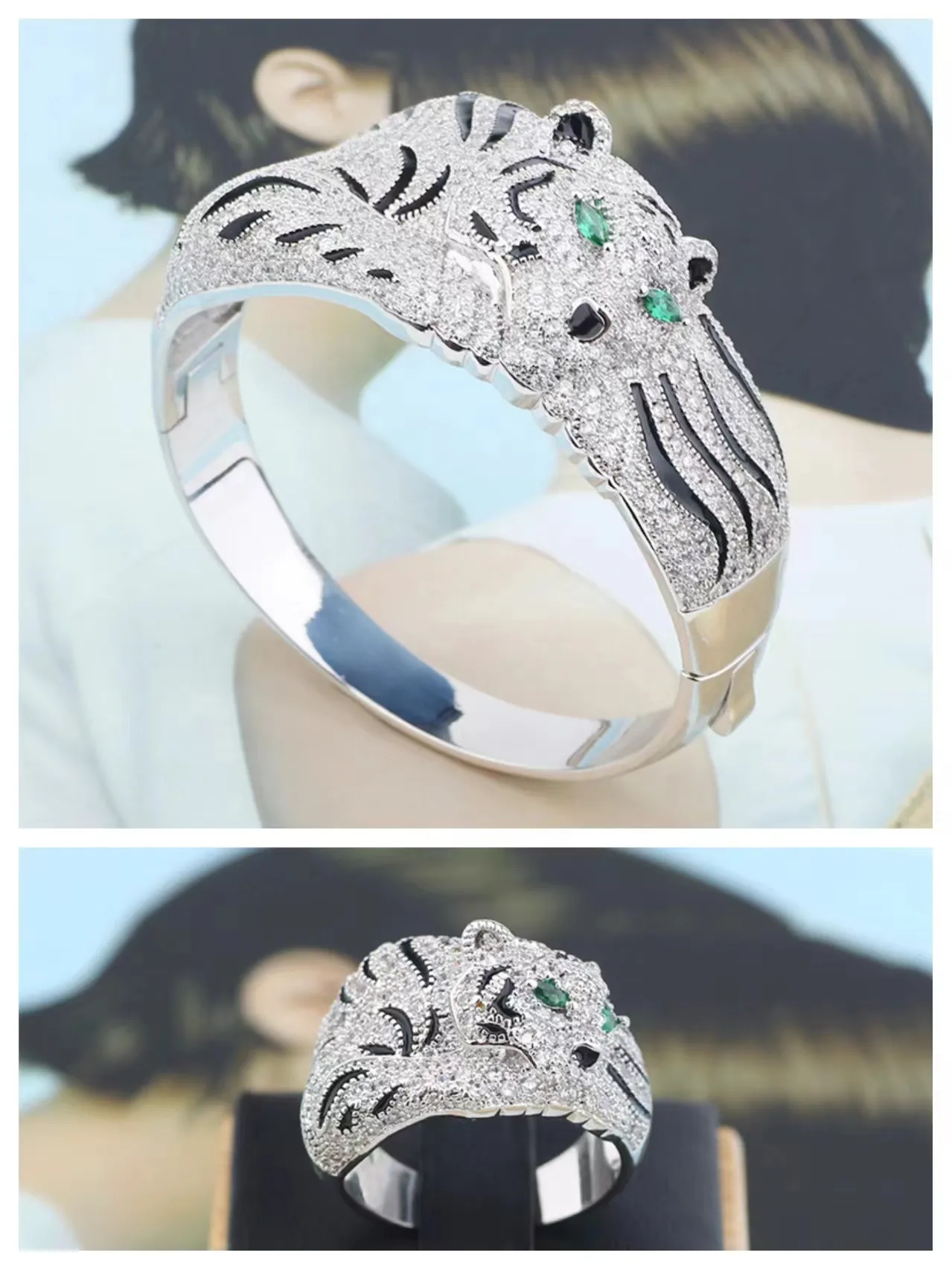 Classico bracciale rigido in argento dorato con motivo leopardato, anello, stile Love Designer per donne, uomini, ragazze, mamma e figlia, stilista di moda_voghion.com