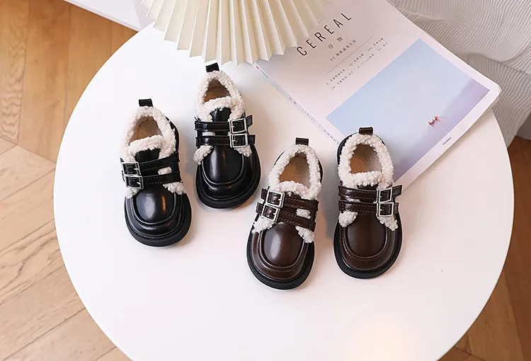 Children Leather Loafers For Boys Girls Winter Thick Soled Lamb Wool Warm Girl Uniform Princess School Cotton Shoes_voghion.com