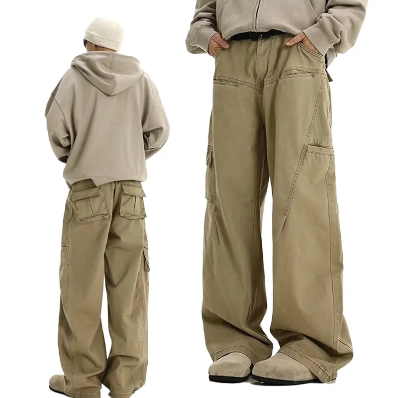 Pantaloni da uomo American Vintage pantaloni cargo a gamba larga da uomo a vita alta tinta unita tasche multiple jogging primavera larghi_voghion.com