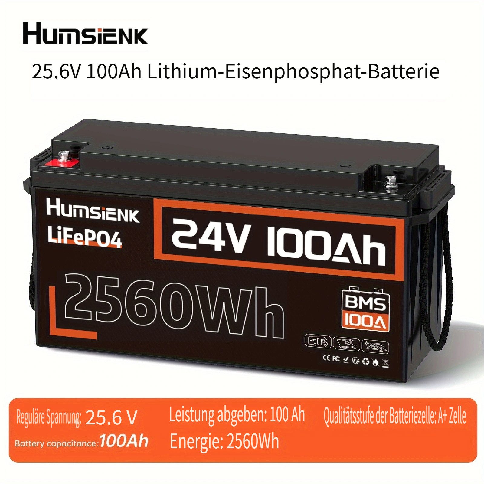 Batería de litio HumsiENK LiFePO4 de 24 V y 100 Ah para pesca de arrastre en barco, paquete de baterías BMS de 100 A, protección contra bajas temperaturas, celdas solares, fuente de alimentación con almacenamiento de energía._voghion.com