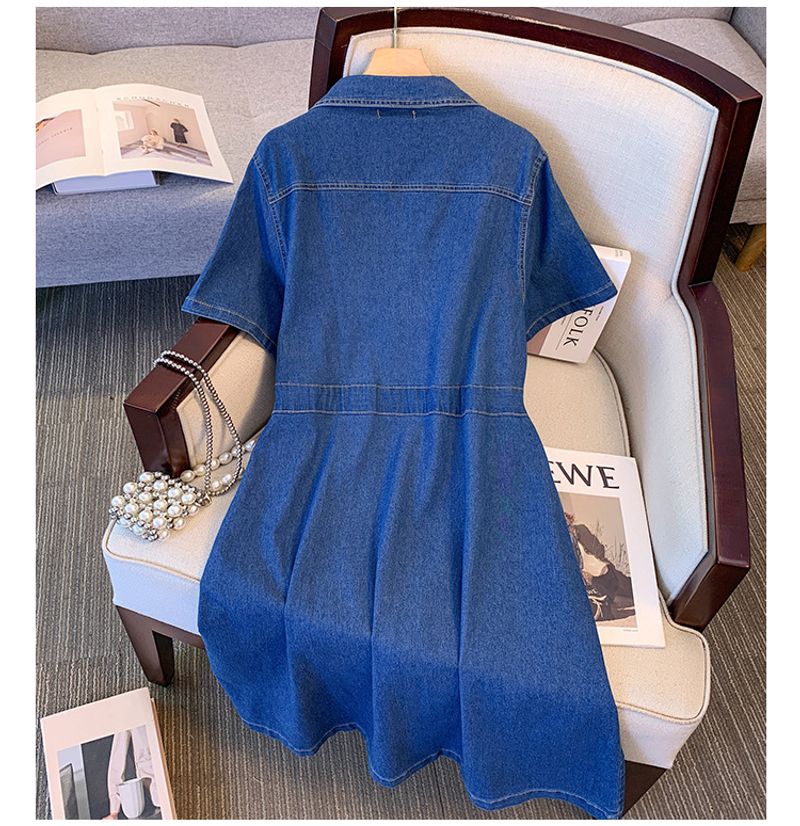 Rochie de lucru pentru femei, stil subțire, cu guler polo, scurtă, de vară, cu imprimeu denim, stil gros, mm, stil gros_voghion.com