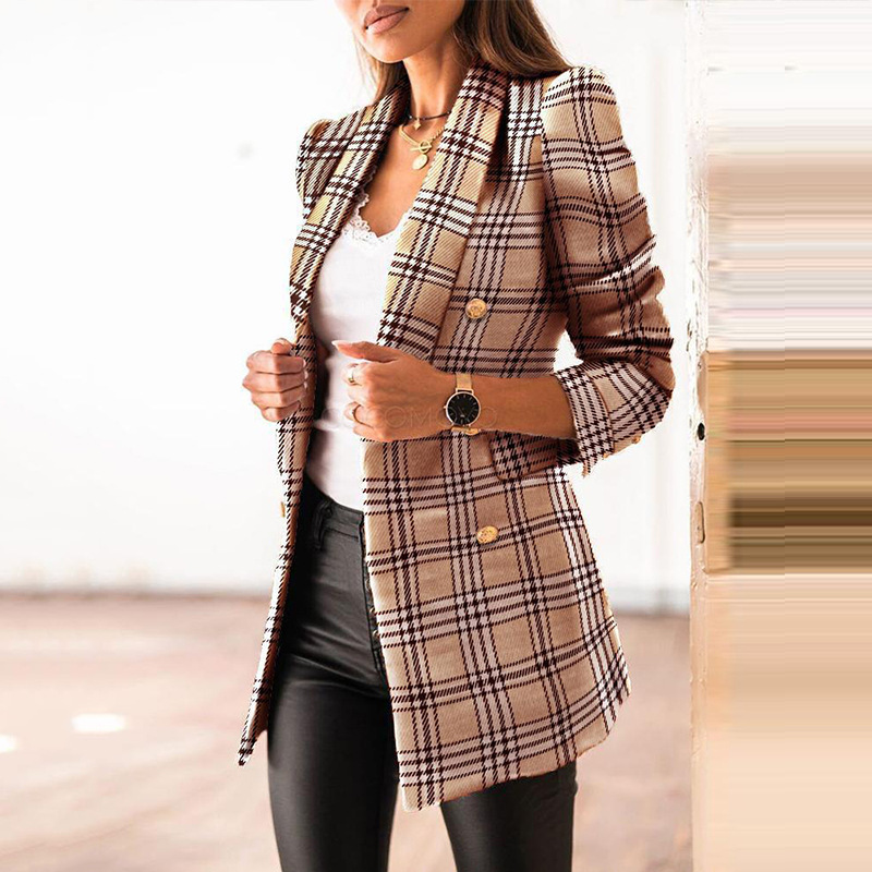 Women's Hot Sale Autumn and Winter Long Sleeve Double-Breasted Suit Collar Printed Small Jacket Women's Clothing