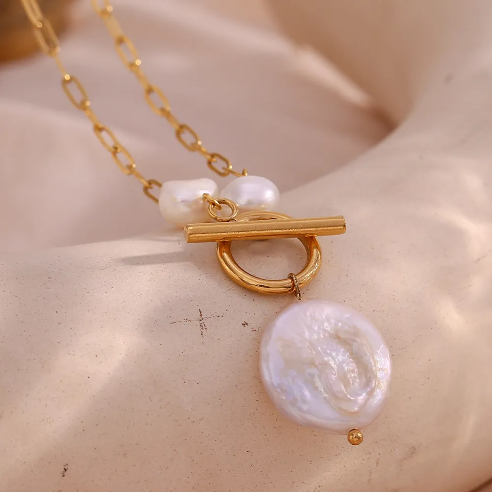 Collane con ciondolo Elegante Semplice Versatile Perla d'acqua dolce Chiusura OT Catena con graffetta Collana per donna Acciaio inossidabile_voghion.com