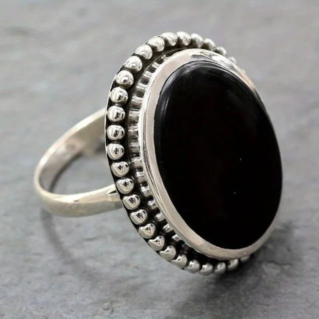 Mode Boho Dunkelschwarz Ring Übertrieben Rund Achat Stein Jahrestag Geburtstagsgeschenk Weiblicher origineller Schmuck Für Abendparty_voghion.com