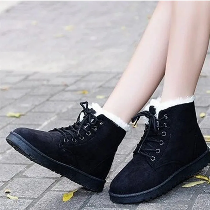 Kidmi Winter Lace-up Short Comfortable Warm Veet Plush Cotton Shoes Round Toe Flat Snow Boots Women 240826_voghion.com