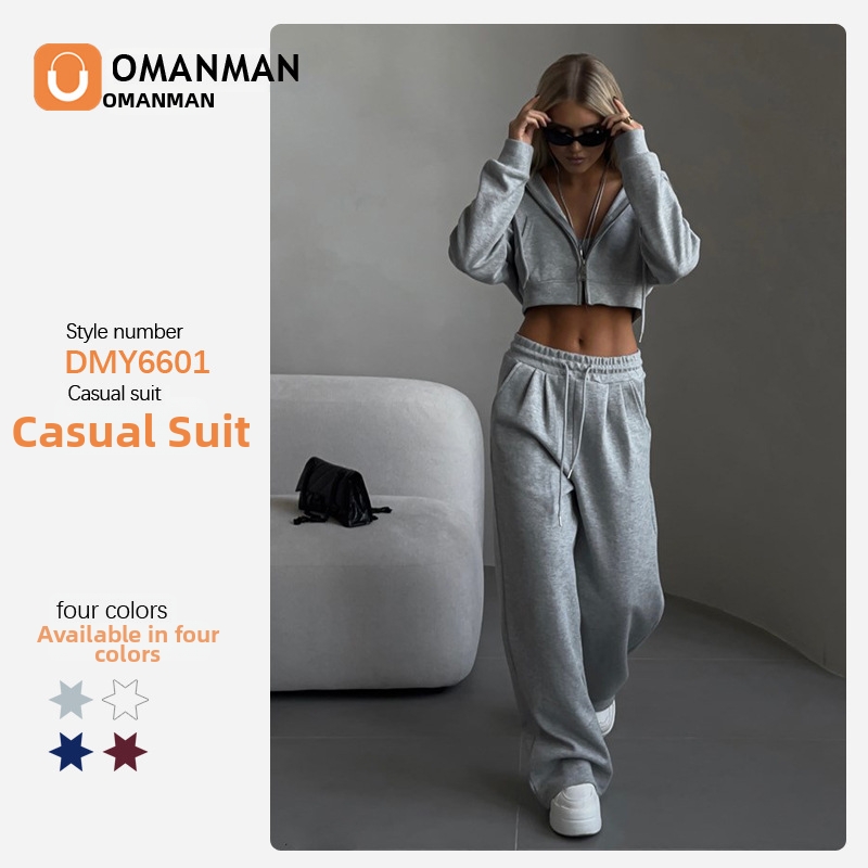Women’s Clothing Casual Fashion Suit Long Sleeved Zipper Hoodie Elastic Cotton Sweatshirt Two Piece Set Solid Color Spring/Autumn