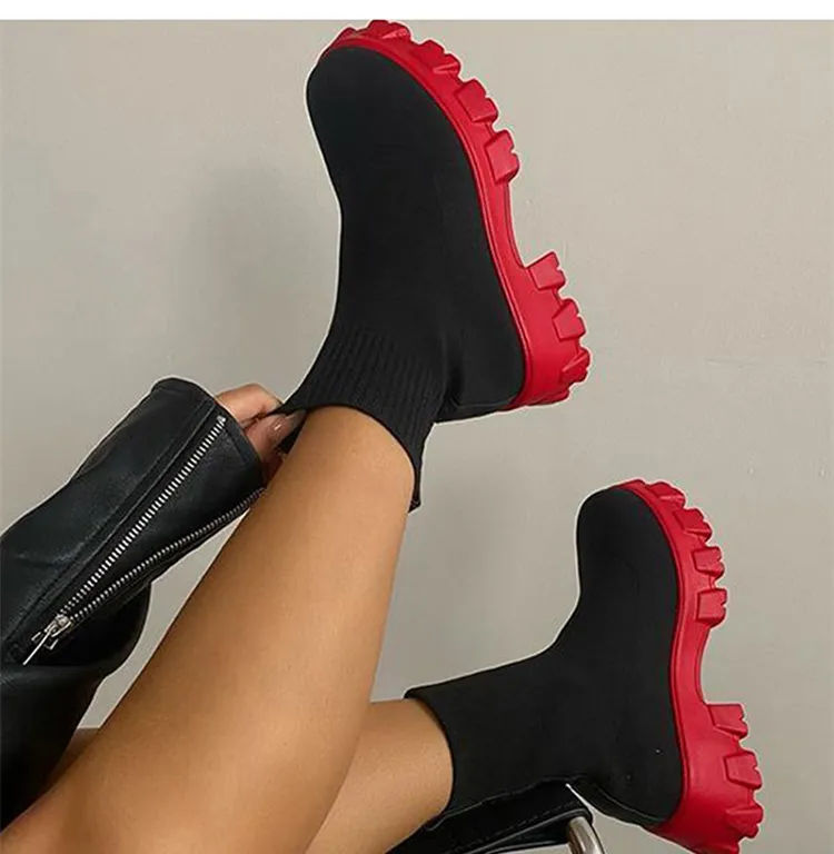 Scarpe autunnali corte con plateau e maglia per le donne Stivaletti con tacco Bianco Inverno Botas Mujer_voghion.com