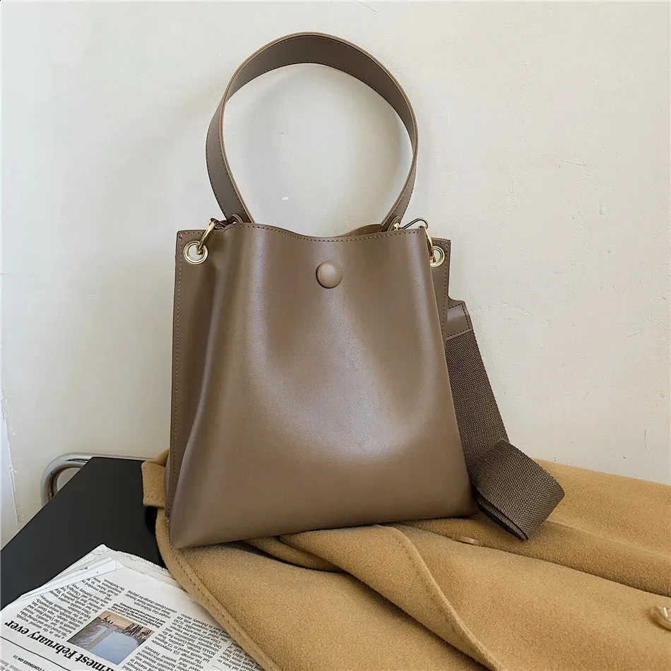 Elegante Damen Bucket Bag Aus Leder Mit Breitem Schultergurt_voghion.com