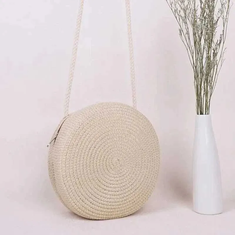 Moda Donna Ragazza Rotonda Borsa da spiaggia estiva Borsa a tracolla intrecciata in rattan Borsa a mano Accessori in maglia C241210_voghion.com