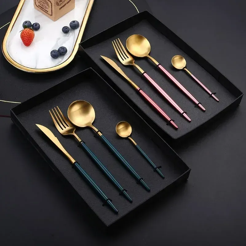 Vajilla dorada, vajilla de acero inoxidable con espejo, cubiertos de cocina, cuchillos, tenedores y cucharas, cubiertos para bodas y restaurantes._voghion.com