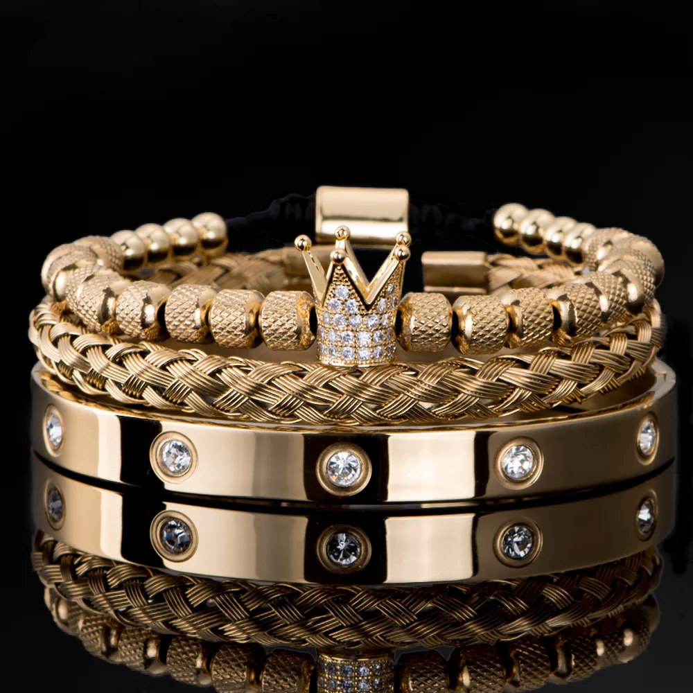 3 stk/sett Micro Pave CZ Crown Roman Royal Charm Men Armbånd Rustfritt stål Krystaller Armbånd Par Håndlagde smykker_voghion.com