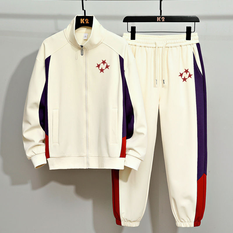 Winter-Ready Zip-Up Track Suit - Contrast Colorblock & Bold Letter Print ( Ivory)​