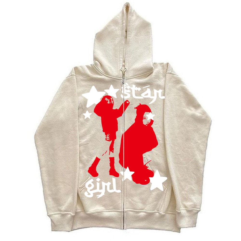 Felpa con cappuccio e cerniera nera con stampa Star Girl, abbigliamento da uomo, street hip hop_voghion.com