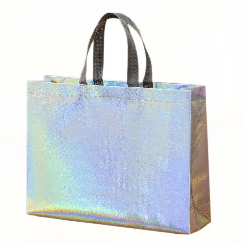 Foldable Laser Shopping Reusable Eco Tote Business Clothing Waterproof Fabric Non-woven Bag Travel Storage Handbag_voghion.com