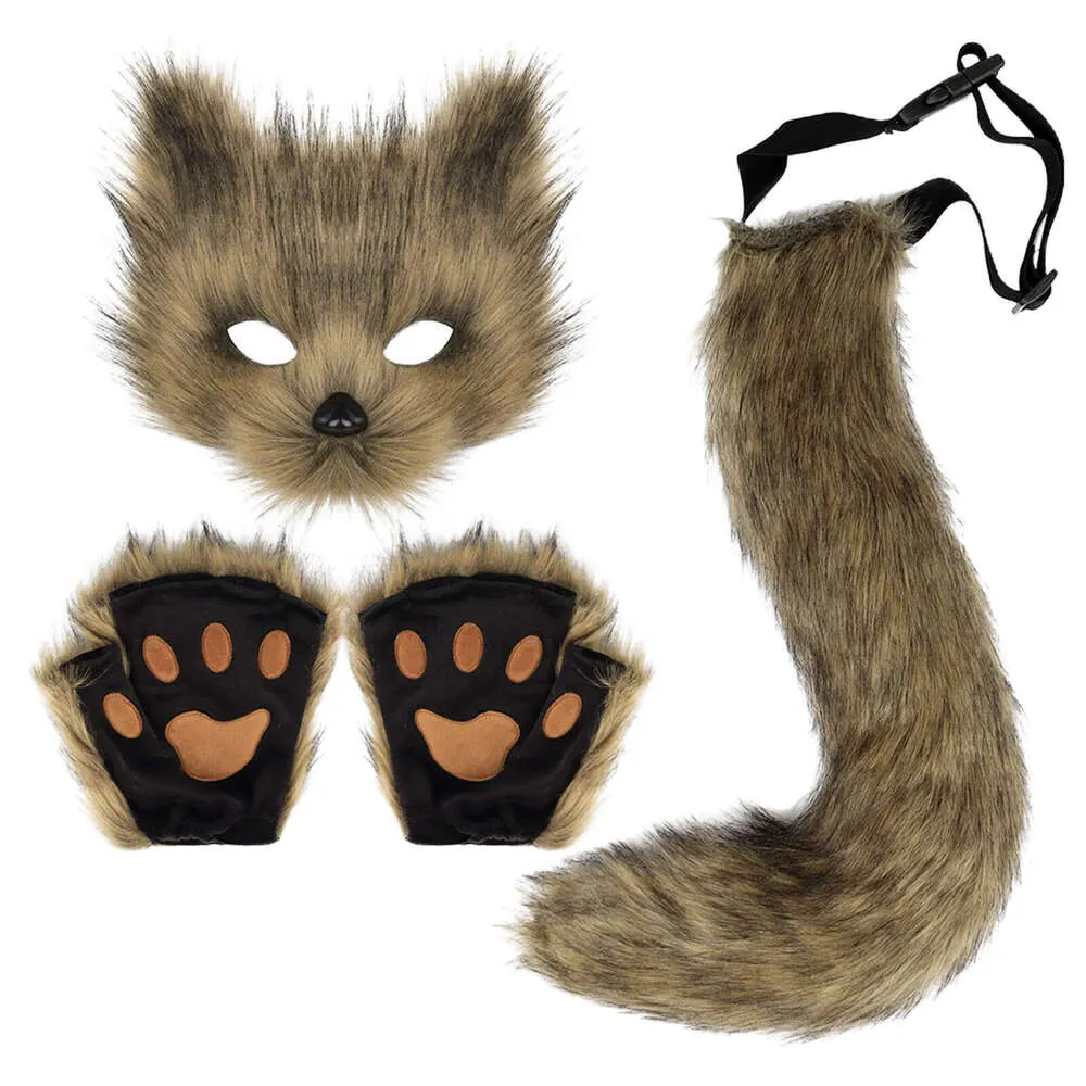 Chaveiro de cauda de raposa de pele fofa, luvas de patas de gato e conjunto de máscara de lobo Therian para acessórios de fantasia de cosplay de Halloween_voghion.com