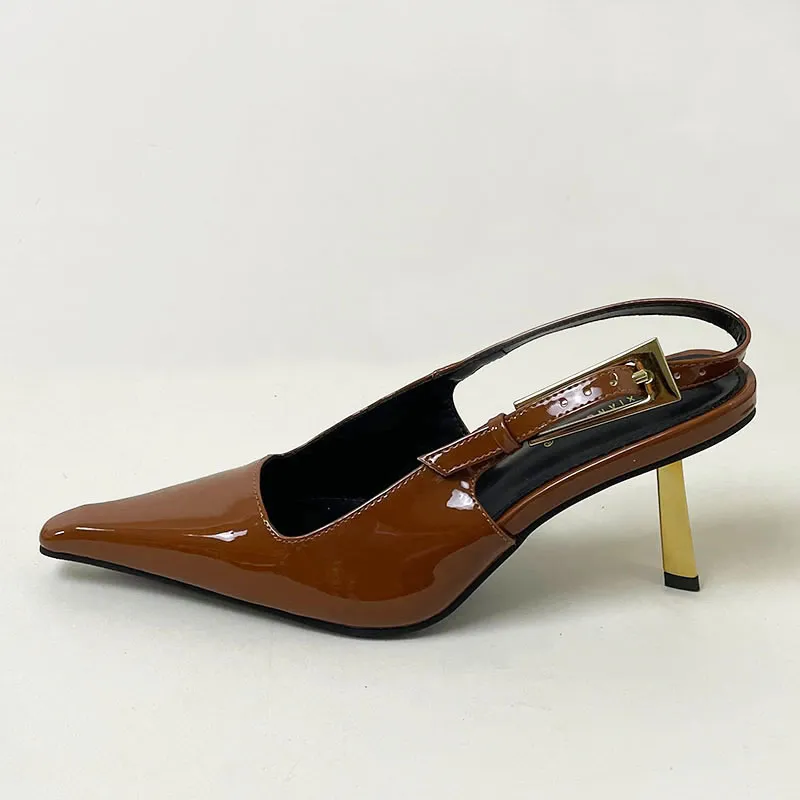Sapatos de salto alto femininos com fivela de metal, bico fino, sandálias femininas, calçado marrom Ce88_voghion.com