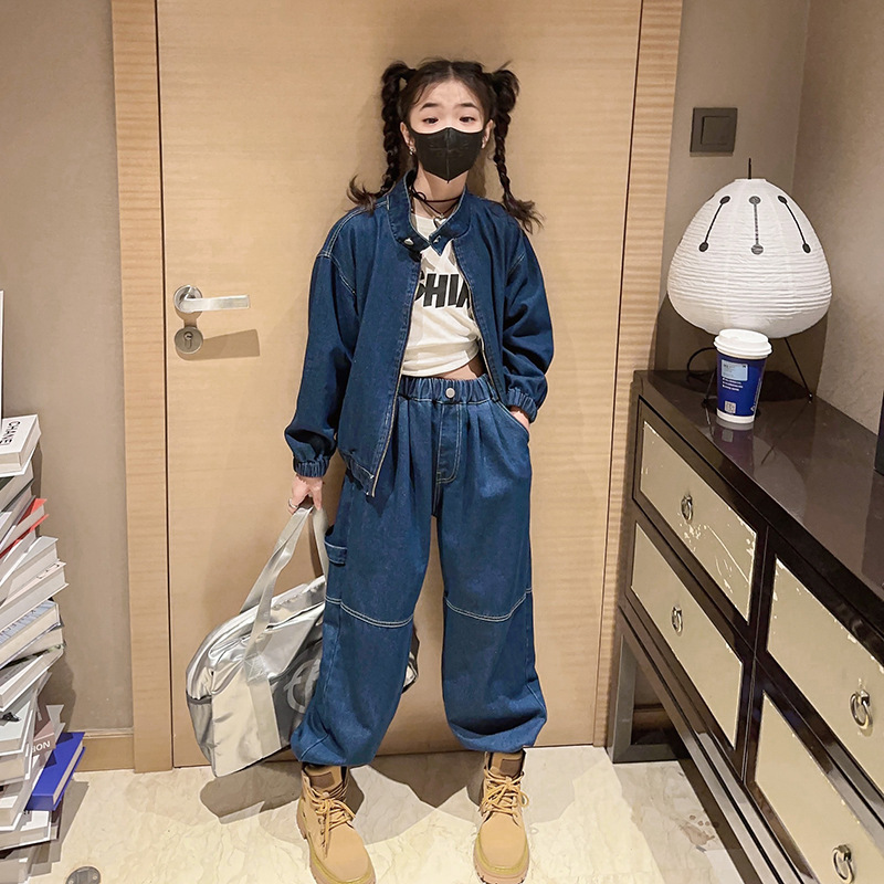 Girls Denim Suit Autumn Salt Sweet Wear With Fashion Casual Denim Coat Patchwork Pants