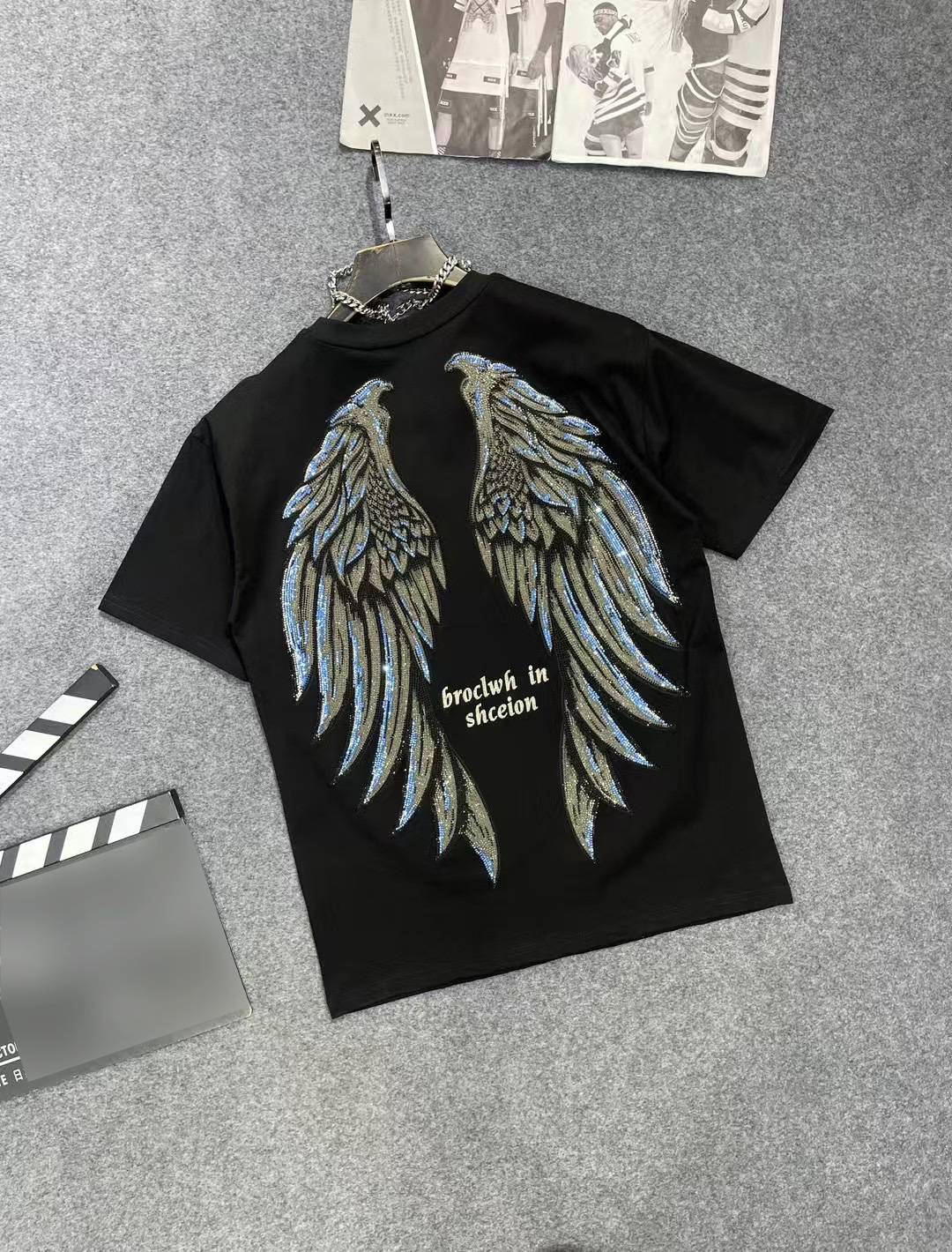 Women's Clothing Plus Size 200 300 Lbs Trendy Brand Rhinestone Wing Letter Short Sleeve T Shirt For Women And Couples_voghion.com