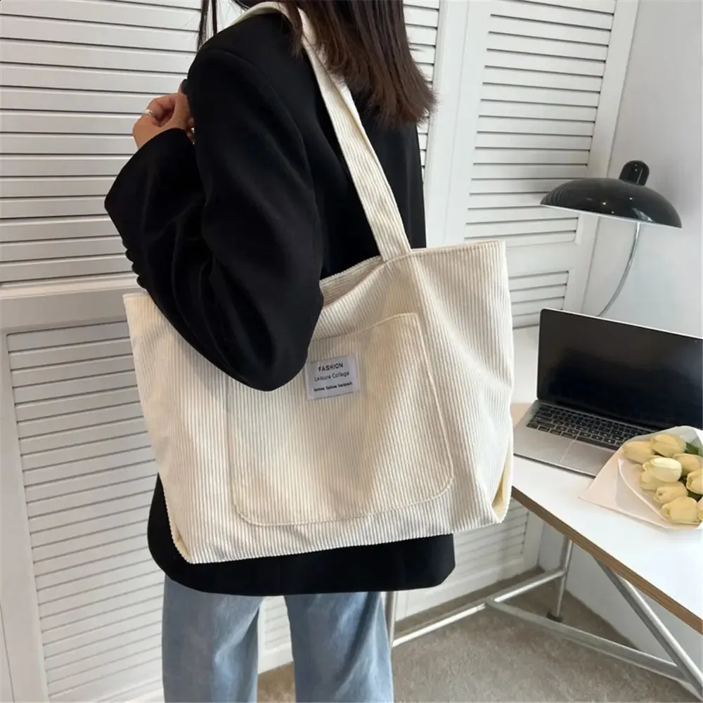 Dame skulderhåndtasker Corduroy tote stor indkøbstaske 240822_voghion.com