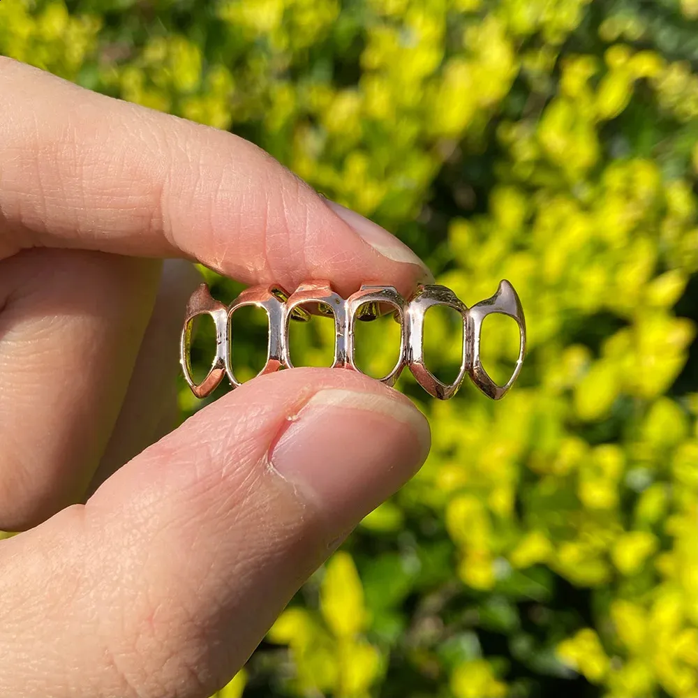 RACHELZ Fashion 6/6 Denti completamente cavi 14K placcati oro Dentiere Decor Bretelle Zanne Griglie dentali per uomo Donna Gioielli_voghion.com