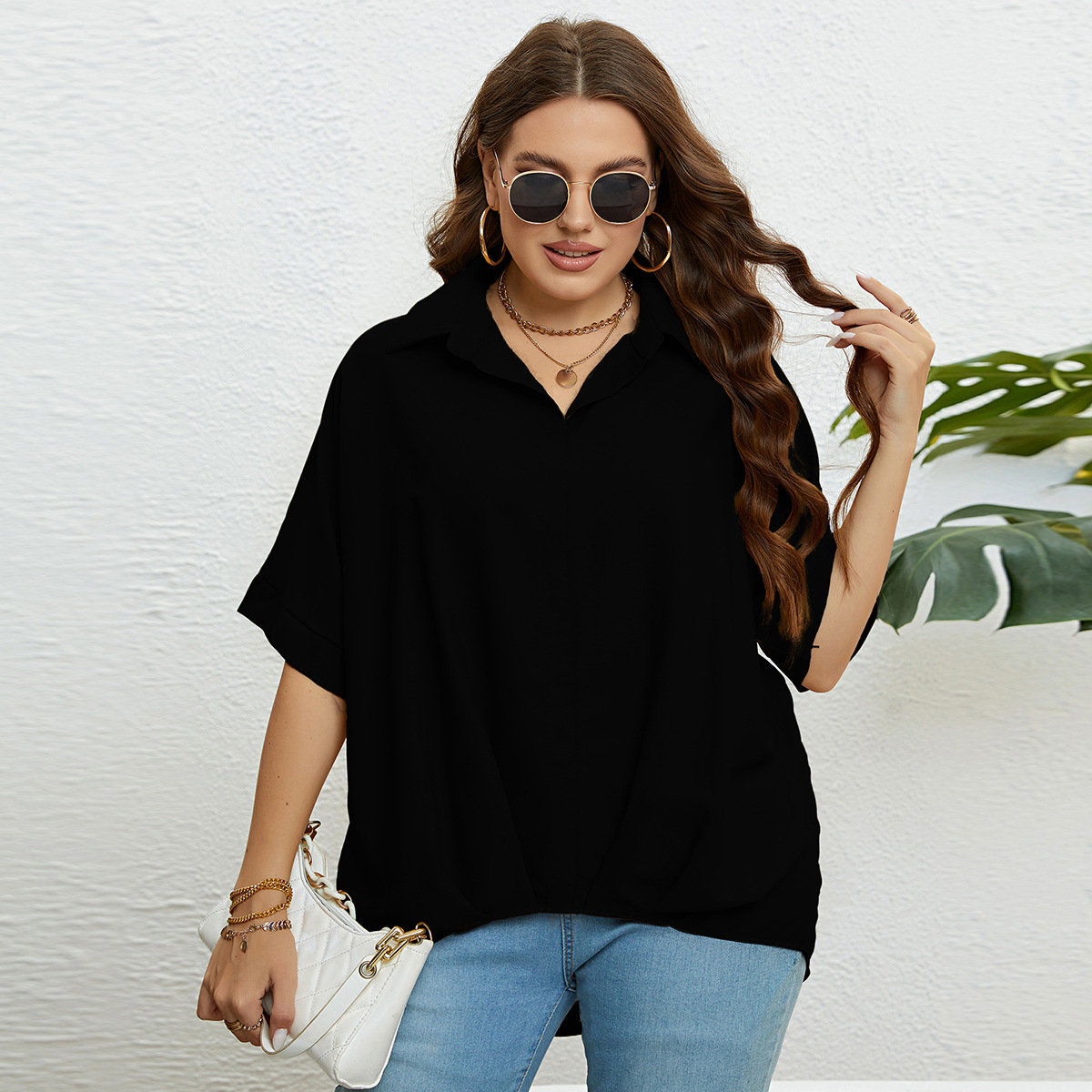 Topuri pentru femei, cu decolteu în V, slim fit și mâneci în cinci puncte, mărimi mari_voghion.com