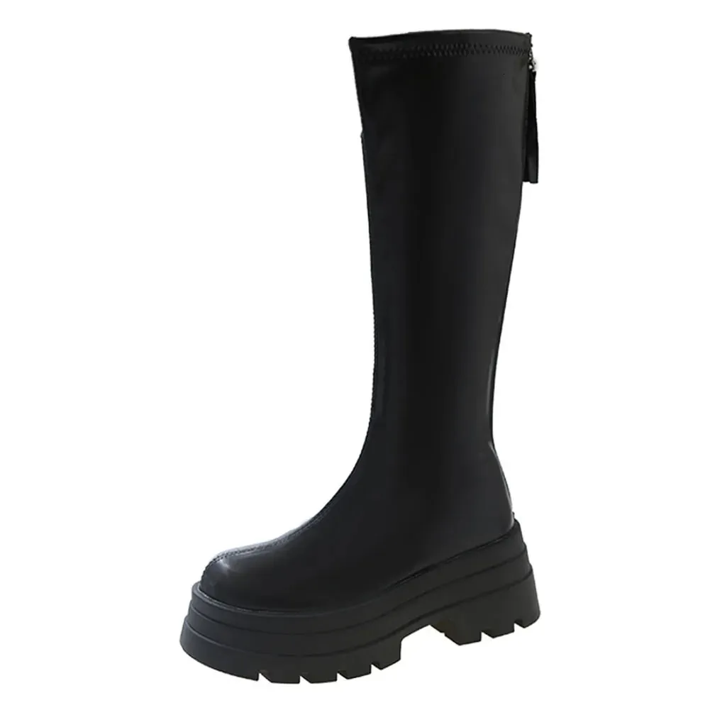 Women's Motorcycle Knee High Boots With Platform Sole, Winter Style_voghion.com