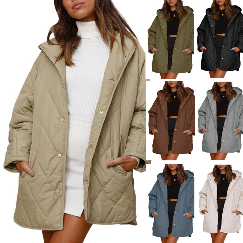 Quilted Hooded Jacket For Women - Lightweight Winter Coat With Diamond Stitching, Loose Fit & Multiple Colors