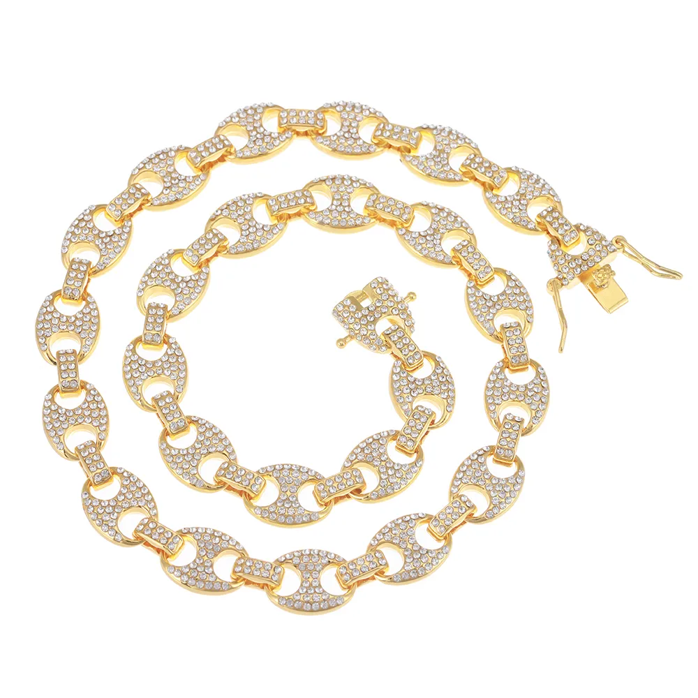 Gargantilla de cadena de eslabones y pulsera con diamantes de imitación y circonita cúbica helada en forma de grano de café brillante para hombre, joyería de estilo hip hop_voghion.com