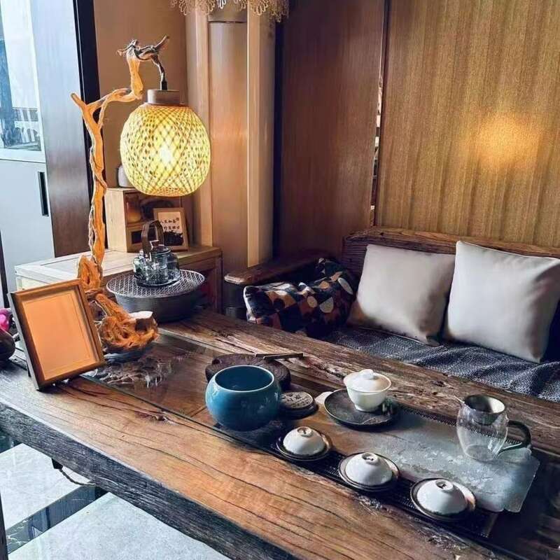 rope Pendant Dimming Knob Switch Power Root Carving Tree Branch Hanging Light Cord Bamboo Woven Lampshade_voghion.com