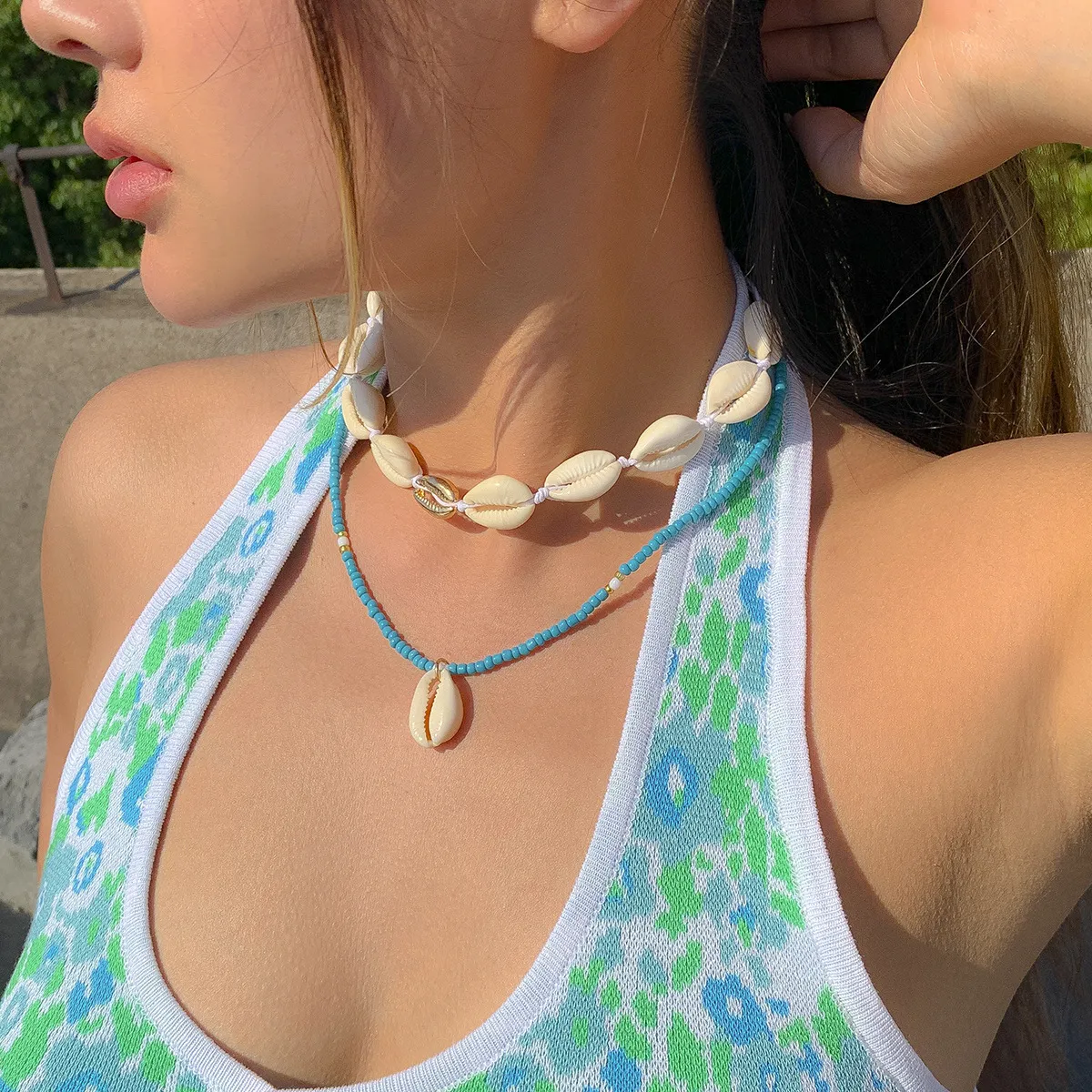 Collier ras du cou en coquillage pour femme, chaîne tendance, pour l'été, la plage, fait à la main, double couche de perles de rocaille, pendentif conque_voghion.com