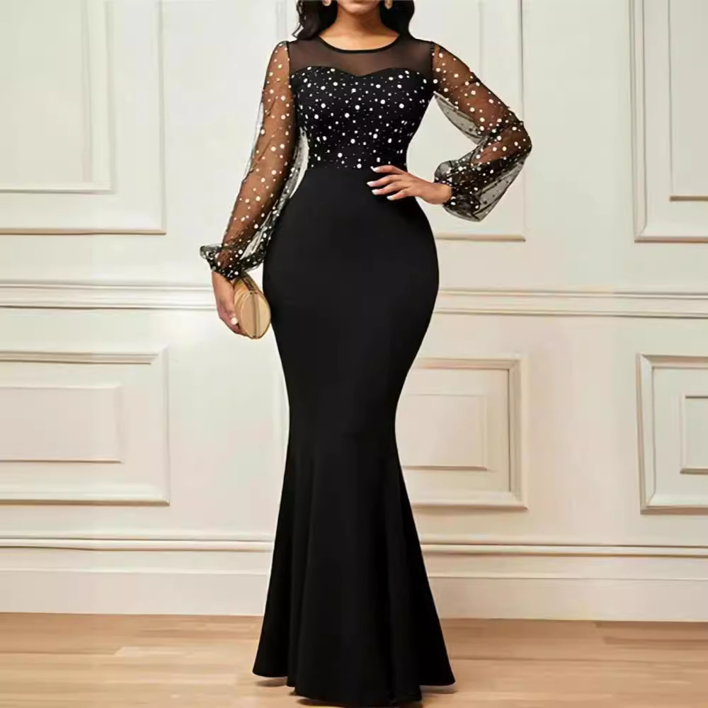 Women's Clothing New Bag Hip Mid-Waist Black Art Mesh Sequin Style Commuter Dress
