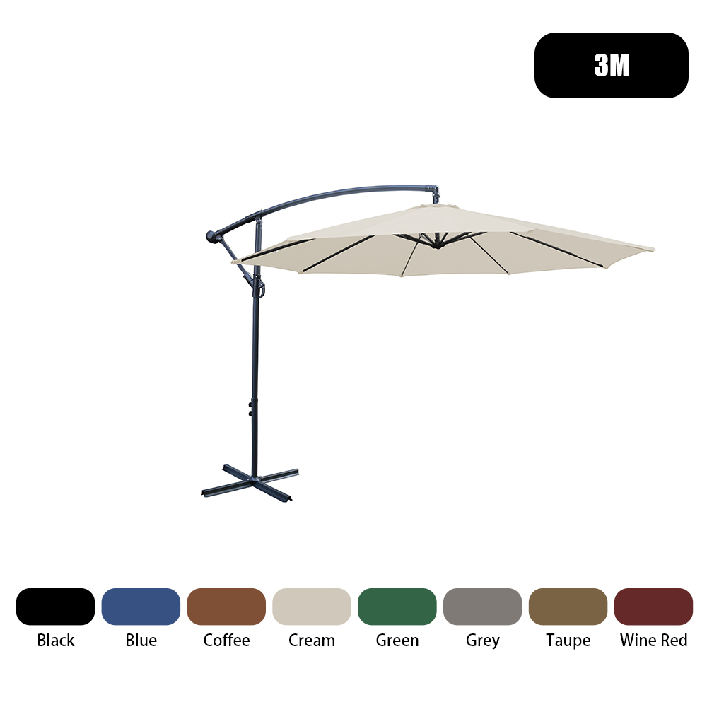 3m Banana Parasol Garden Sun Shade Canopy Patio LED Cantilever Umbrella Base_voghion.com