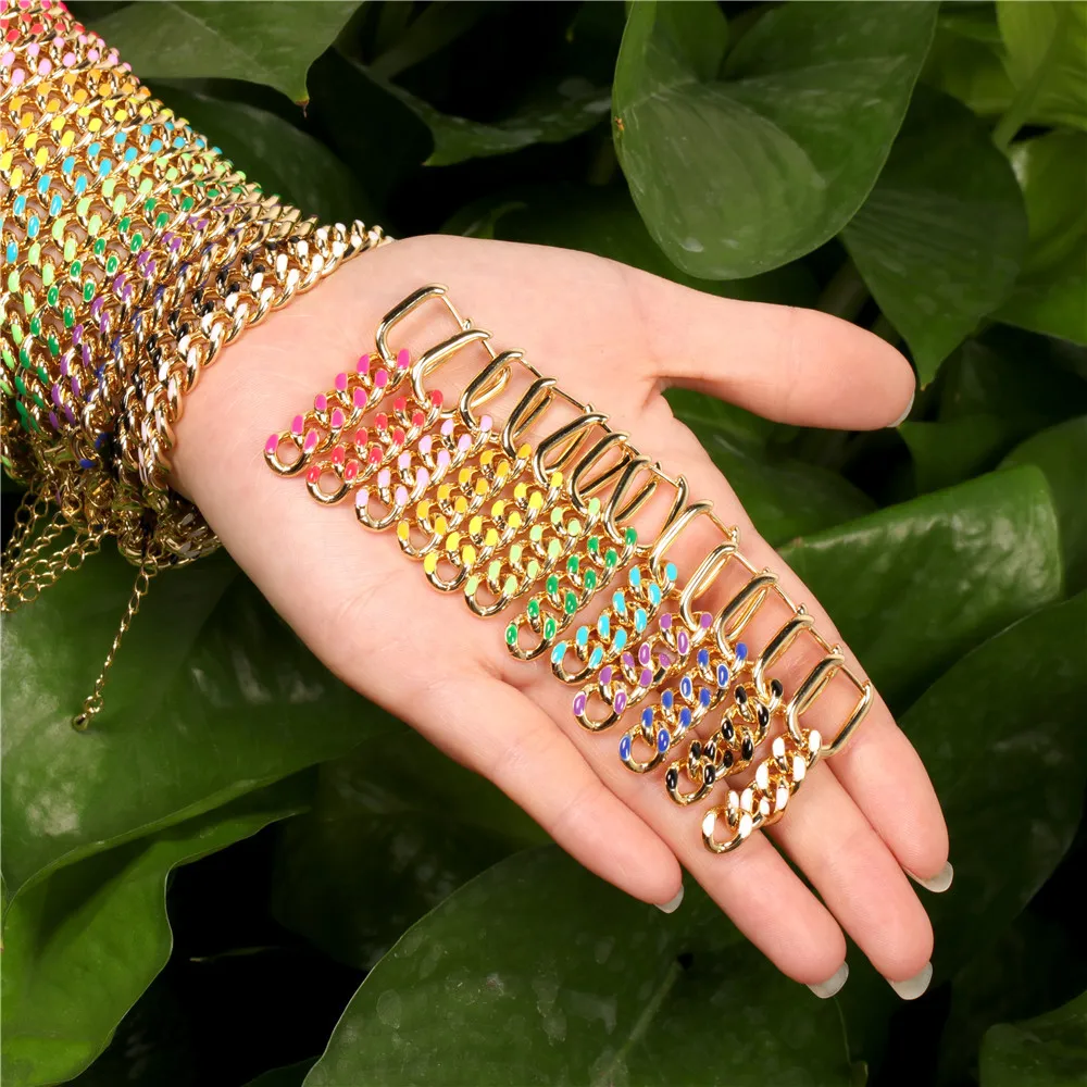 Bracciale alla caviglia con maglie cubane a goccia di petrolio alla moda, orecchini multi colore spessi, collana a catena smaltata_voghion.com