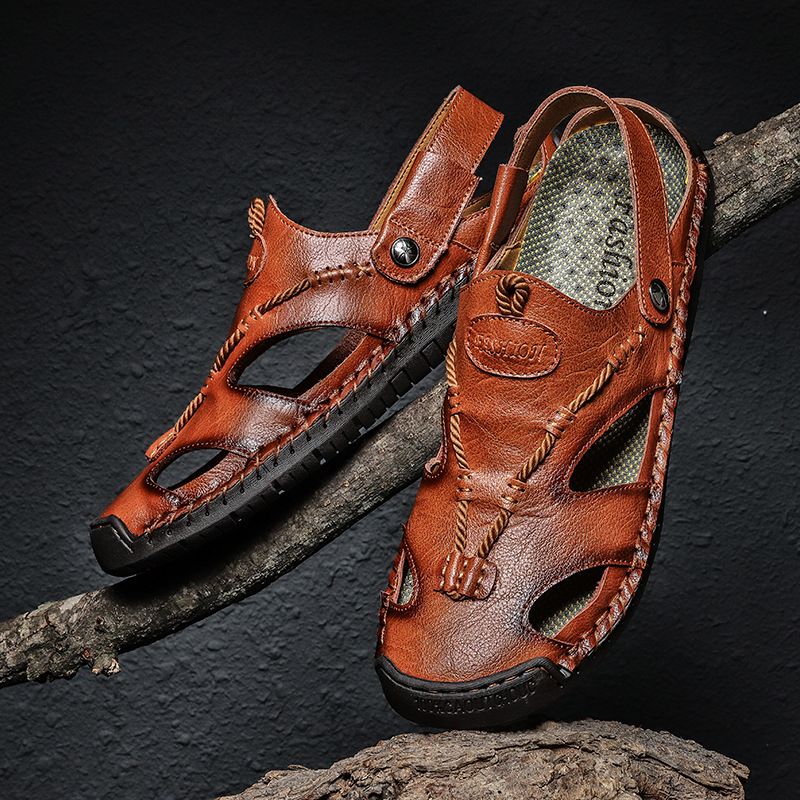 2024 New Summer Baotou Breathable Handmade Casual Leather Sandals Dual purpose Set, Trendy Lazy Beach Shoes_voghion.com