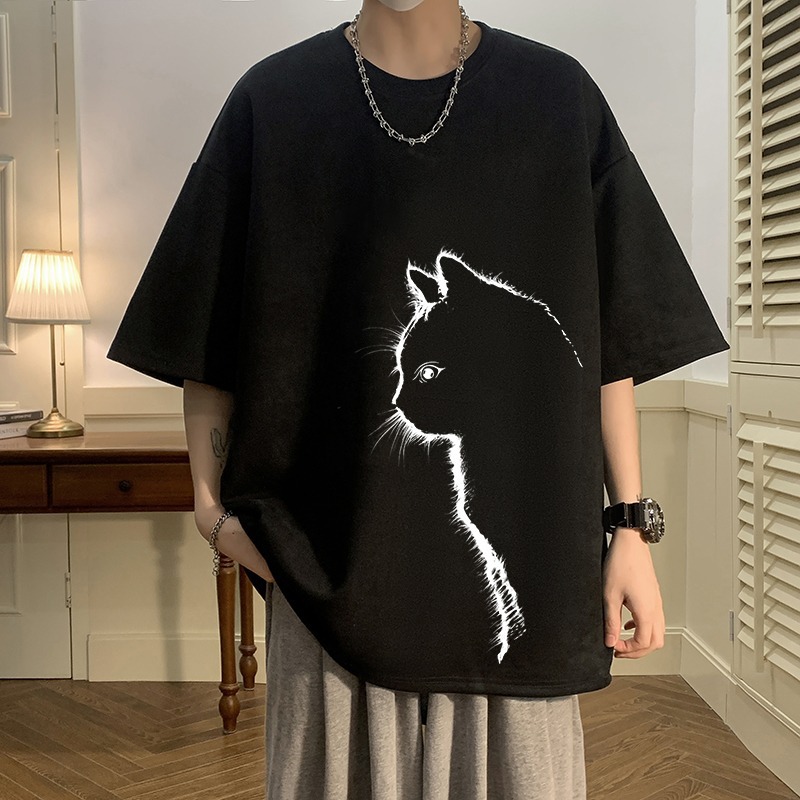 Summer trendy cat print off shoulder sleeve t-shirt Instagram men's antique lazy round neck suede T-shirt_voghion.com