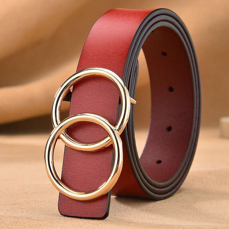 Real Smooth Versatile Double Circle Round Buckle Real Leather Women's Belt_voghion.com