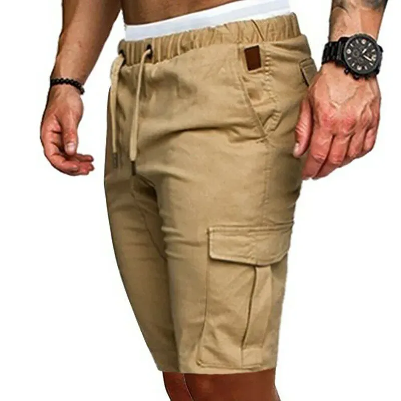 Hot Mens Summer Casual Shorts Solid Color Pocket Gym Sport Running Workout Cargo Jogger Trousers Black Navy Blue Khaki_voghion.com