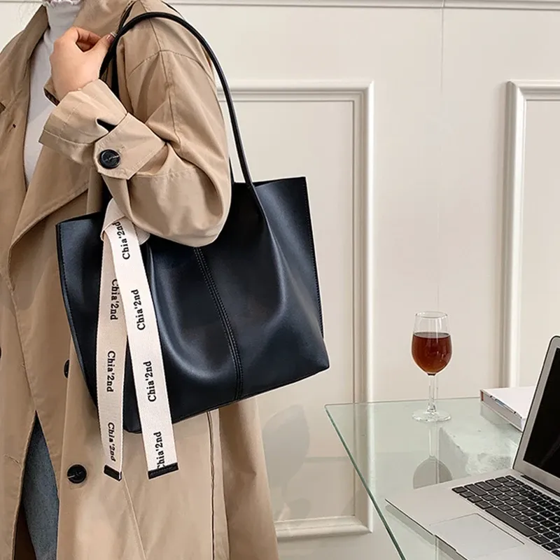Borsa da ufficio da donna, uso quotidiano, bellezza, marrone, nera, moda, con nastro, a tracolla, per pendolari, grande capacità, a mano, retrò._voghion.com