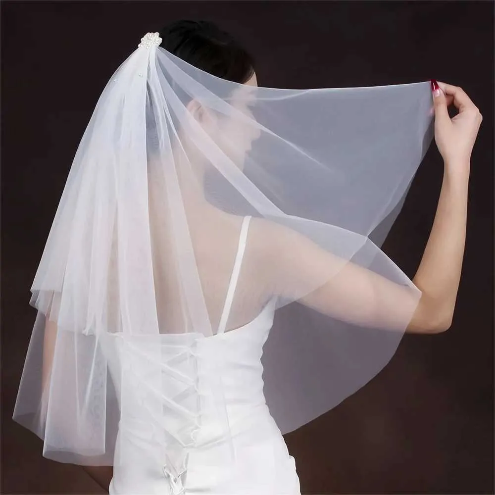 Jewelry Short Bridal Pearls Beaded Veils With Comb 2 Tier Soft Wedding Hair Accessories For Bride Unlocking Romance VP99_voghion.com