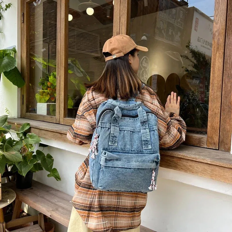 Retro Denim Womens Backpack Canvas Shoulders Bag College Knapsack Big Packbag Travel Rucksack Student Jeans Mochila Y2K_voghion.com