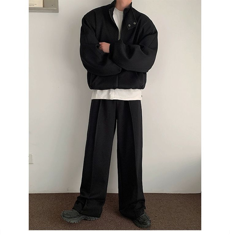Vêtements pour hommes, col montant ample, épaulettes, cardigan, sweat-shirt, veste, costume de sport décontracté pour hommes, pantalon de survêtement ample, ensemble tendance deux pièces_voghion.com