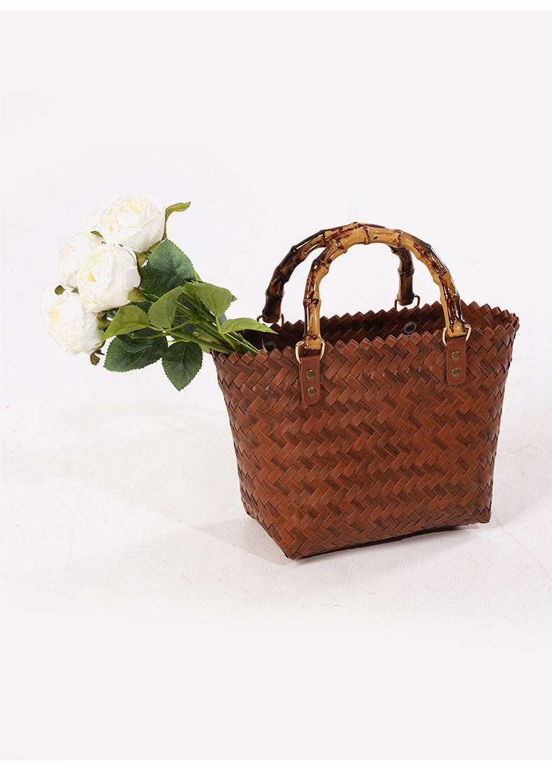 Simple retro hand-held straw bag new imitation bamboo hand-held straw bag woven bag holiday beach bag versatile women's bag_voghion.com