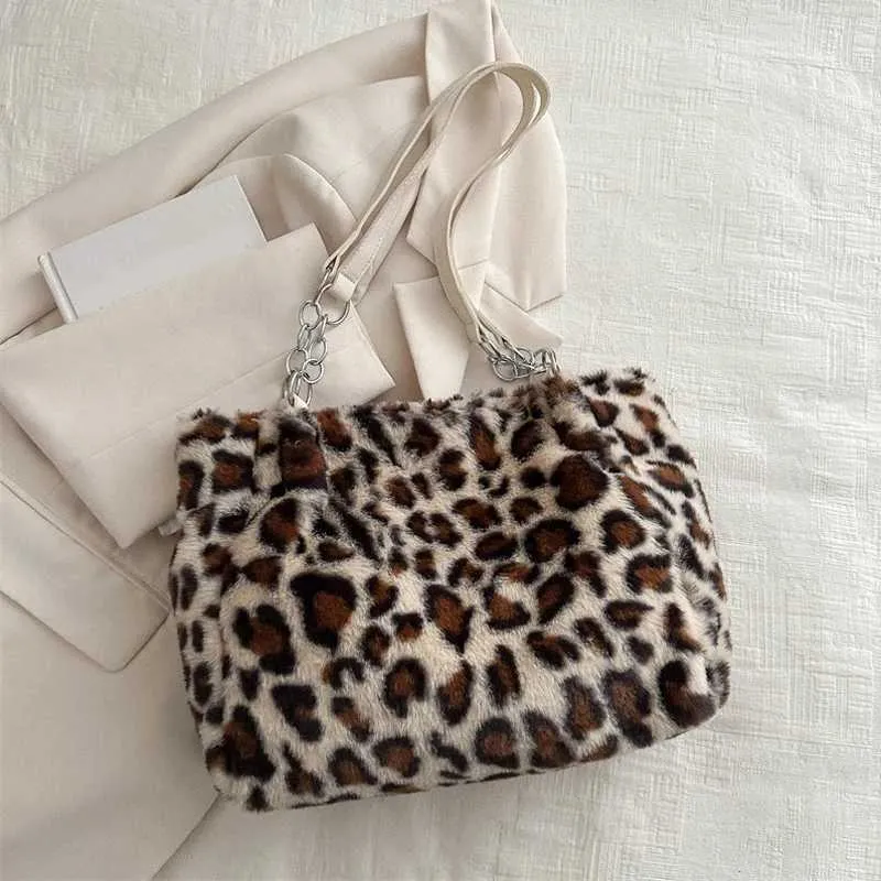 Sac à main en peluche à motif léopard vibrant, simple, grande capacité, moelleux, à bandoulière, style coréen, mode décontractée, chaîne_voghion.com