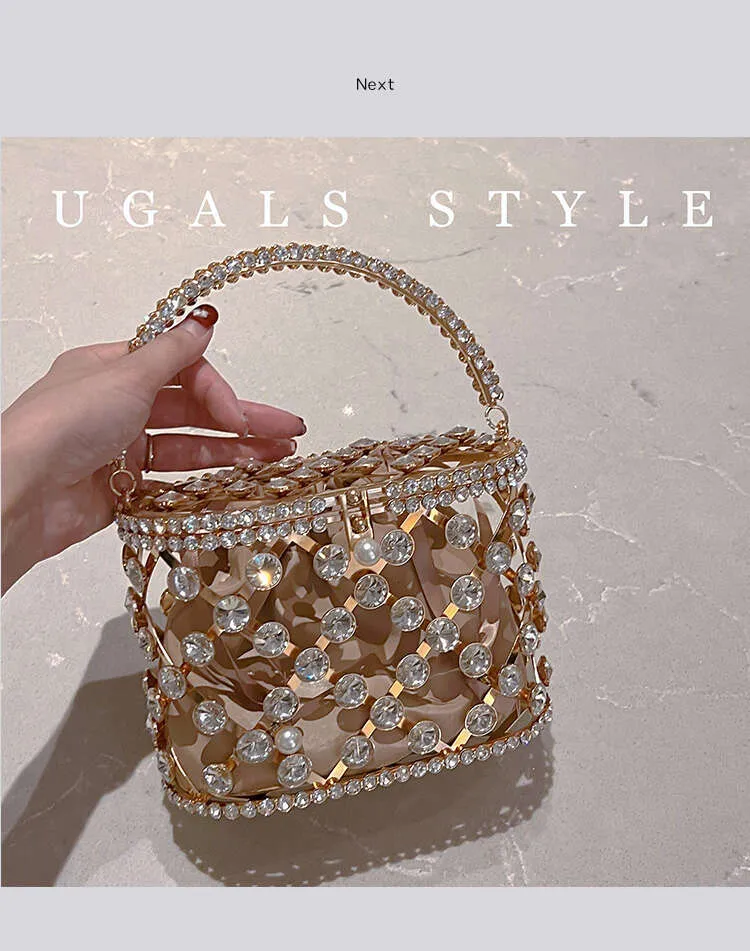 Designer aushöhlen Gold Metall Käfig Kristall glänzend Rhie Dia Abend Hochzeit Party Kupplung Geldbörse Umhängetasche_voghion.com