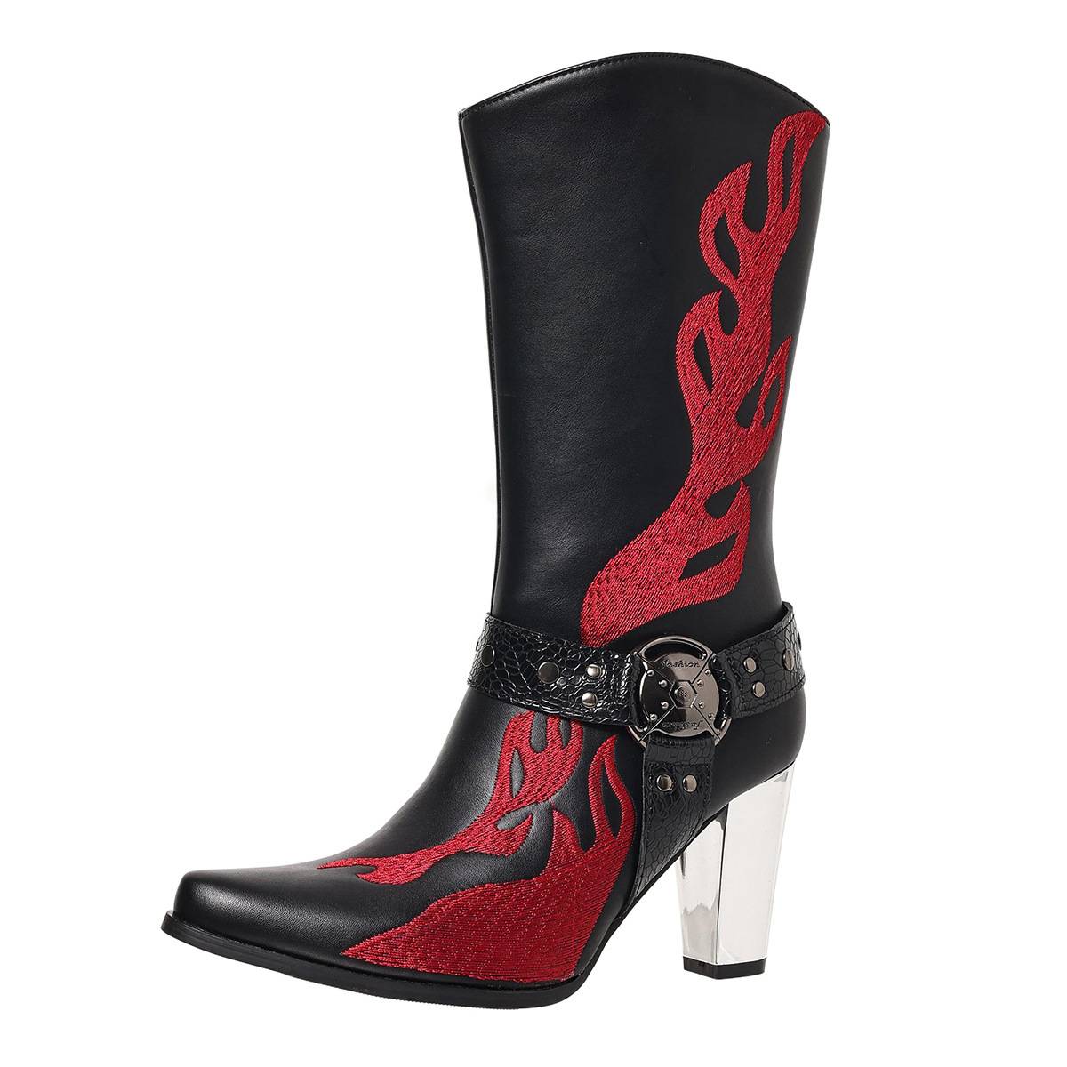 Modische Damenstiefel mit Stickerei, Blockabsatz, mittelhoher Schaft, seitlichem Reißverschluss, Schwarz & Burgunderrot, Größen 5-11_voghion.com