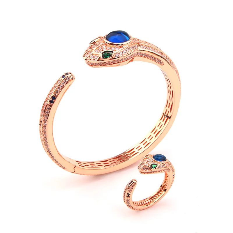 Snake Head Open Bangle Bracelet And Ring Set For Women Gold Tone_voghion.com