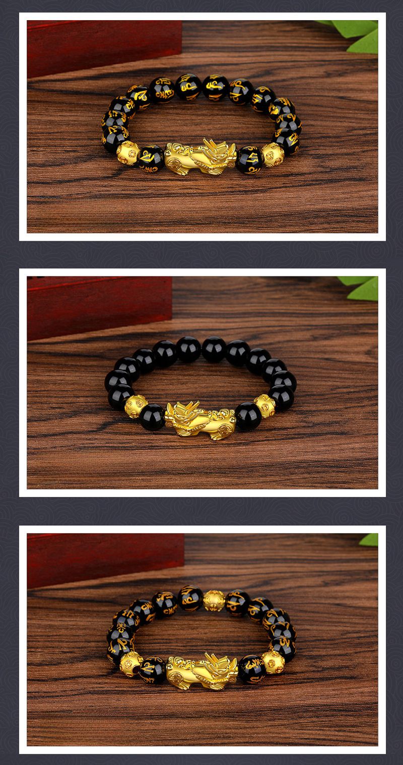 Bracciale unisex con perline di mantra a sei caratteri in ossidiana color oro e moda_voghion.com